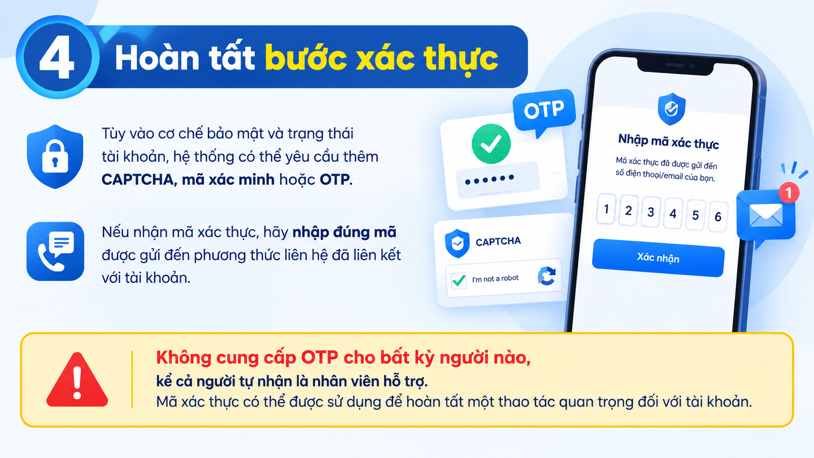 Hoàn tất xác thực tài khoản bằng CAPTCHA, mã xác minh và OTP